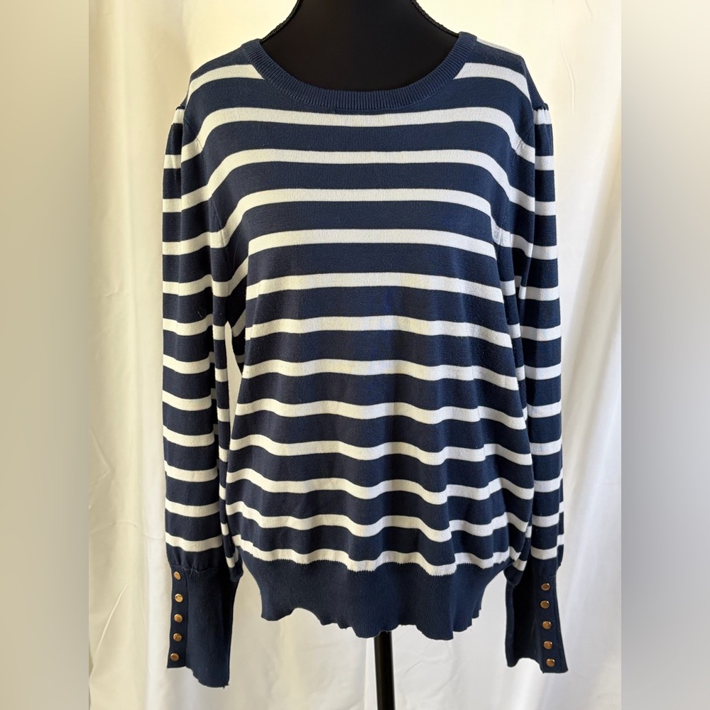 Philosophy Republic Clothing Navy White Striped Puff Sleeve Button‎ Cuff Sweater